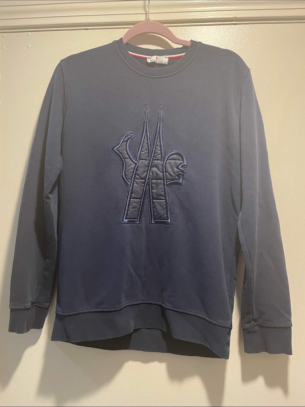 Moncler Grenoble Navy Cotton Pullover Sweatshirt with Nylon Quilted Logo Patch